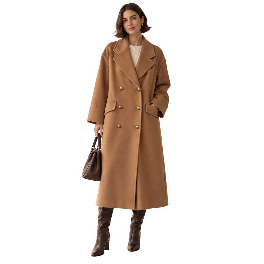 Vintage Jaeger Wool Cashmere Camel Double Breasted Maxi Coat UK 12 US 8 10